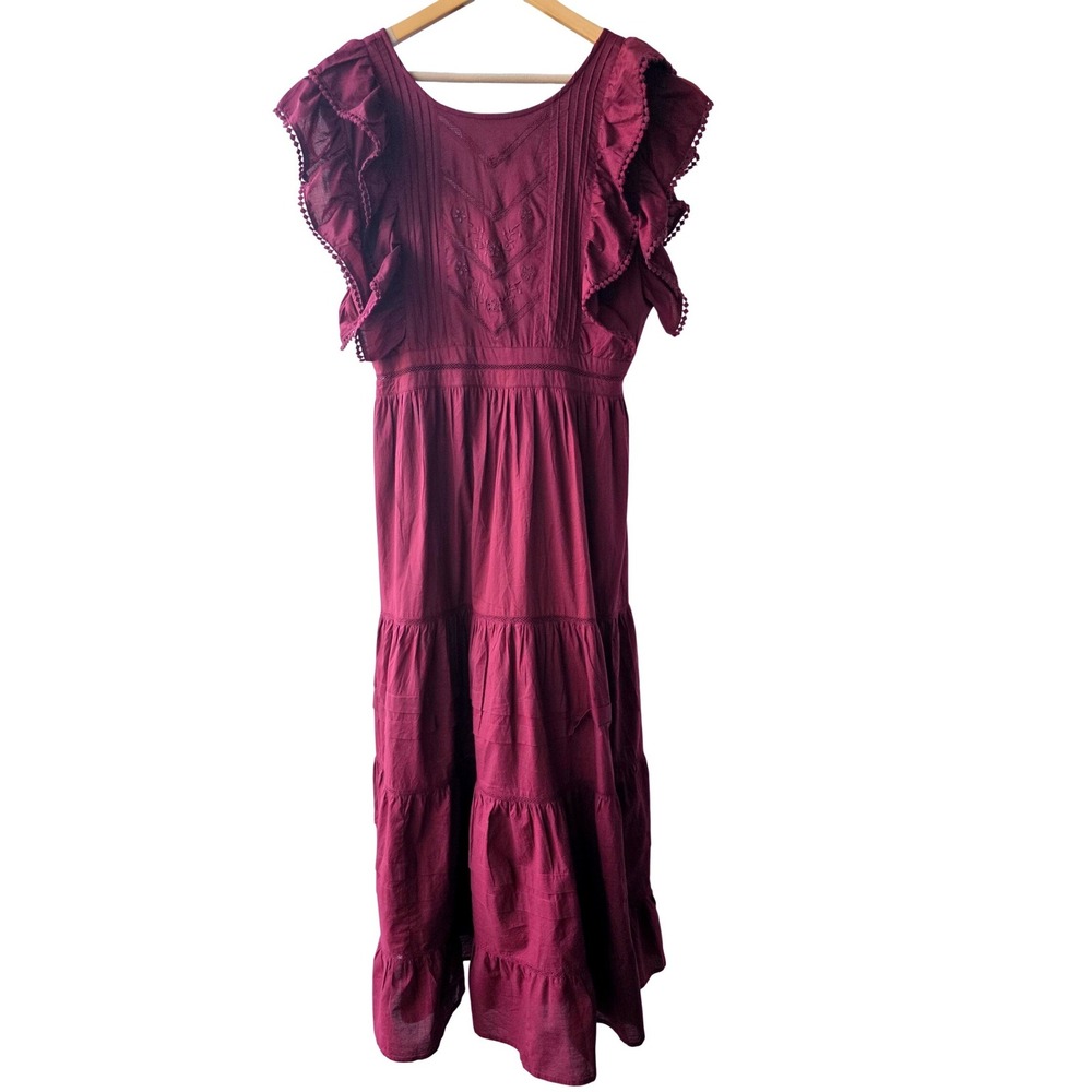 Jens Pirate Booty Womens Maxi Dress Large Burgundy Lantern Ruffle Gauze NWT